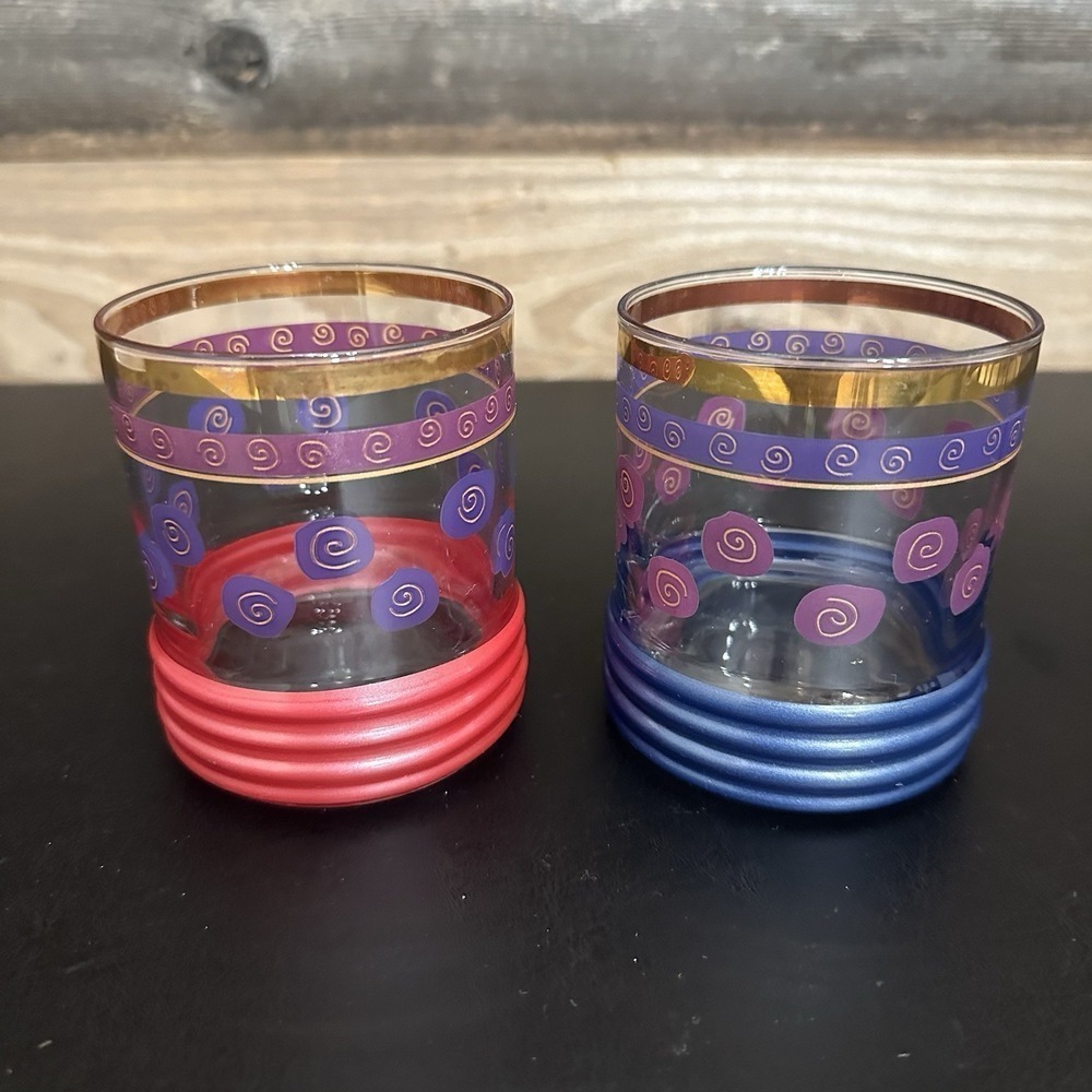 Set of 2 Vtg MCM Sakura Sango Zipkin Rocks Whiskey Glasses Gold Red Blue Mod Art